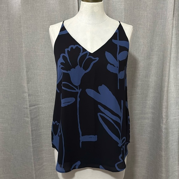 LOFT Top-Sz S Petite-Navy/Bright Blue Floral-Polyester-Lined-Slight V Neck-EUC - Picture 3 of 13